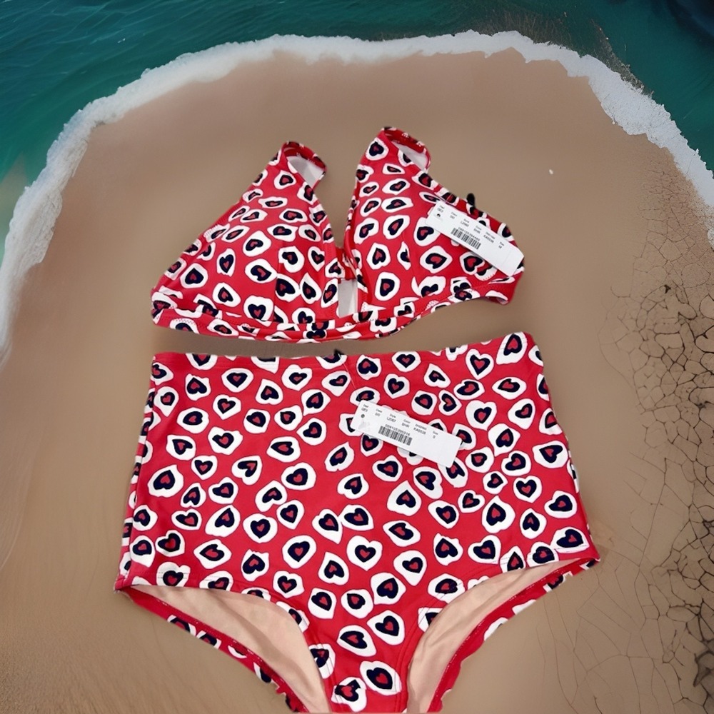 J Crew Hearts Woman Red/white Swimsuit 2 Piece Bikini Set Printed Hearts Medium - Picture 6 of 12